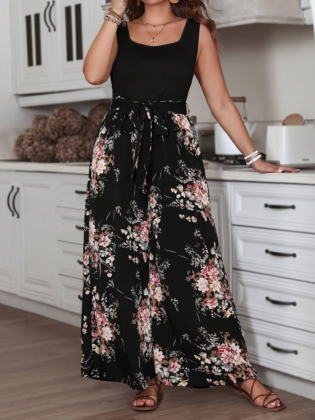 Women's Floral Print Sleeveless Dress with Adjustable Waist Black Casual Style