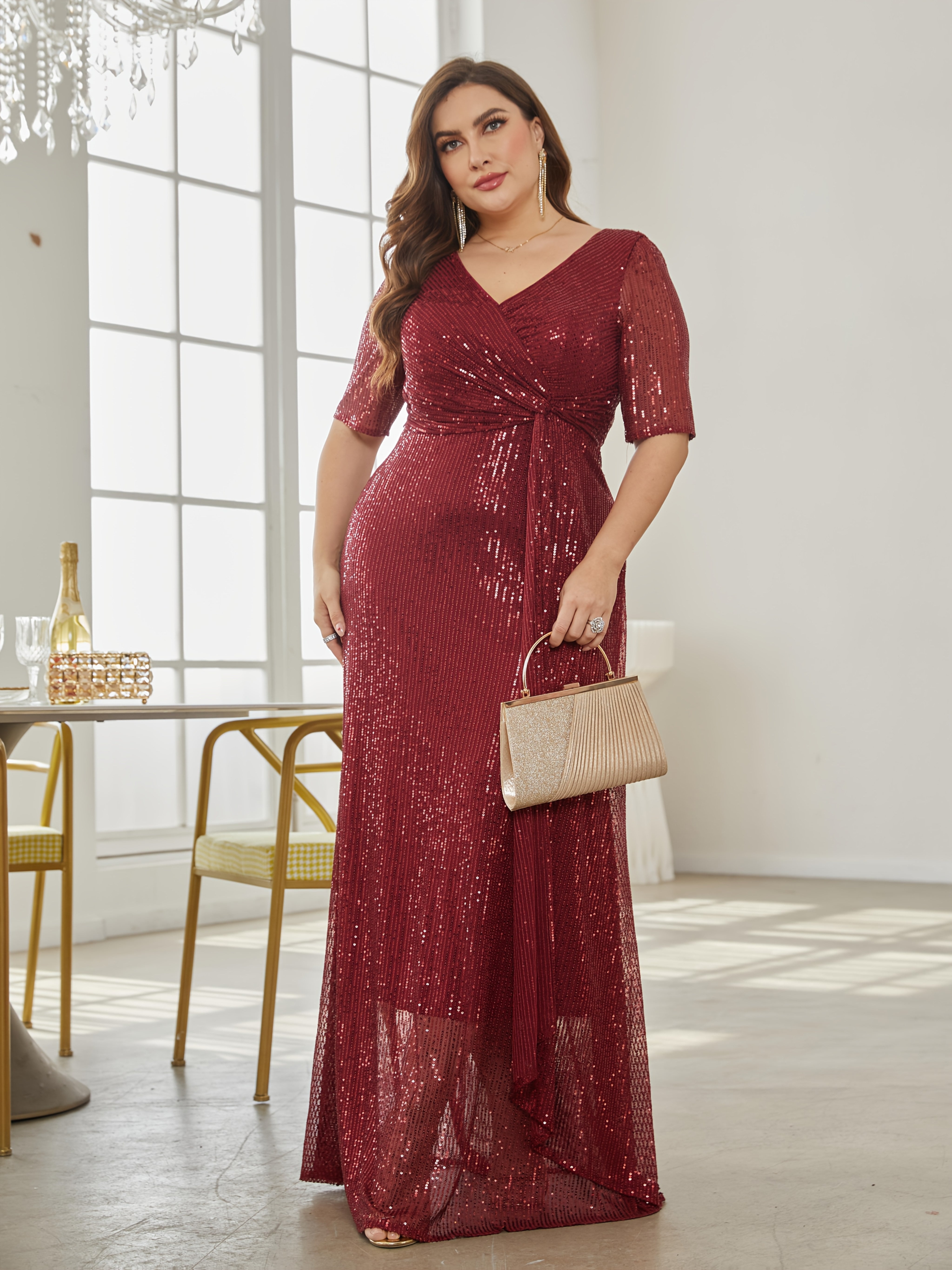Plus Size Sequin Long Skirt Solid Color Party Dress for Women