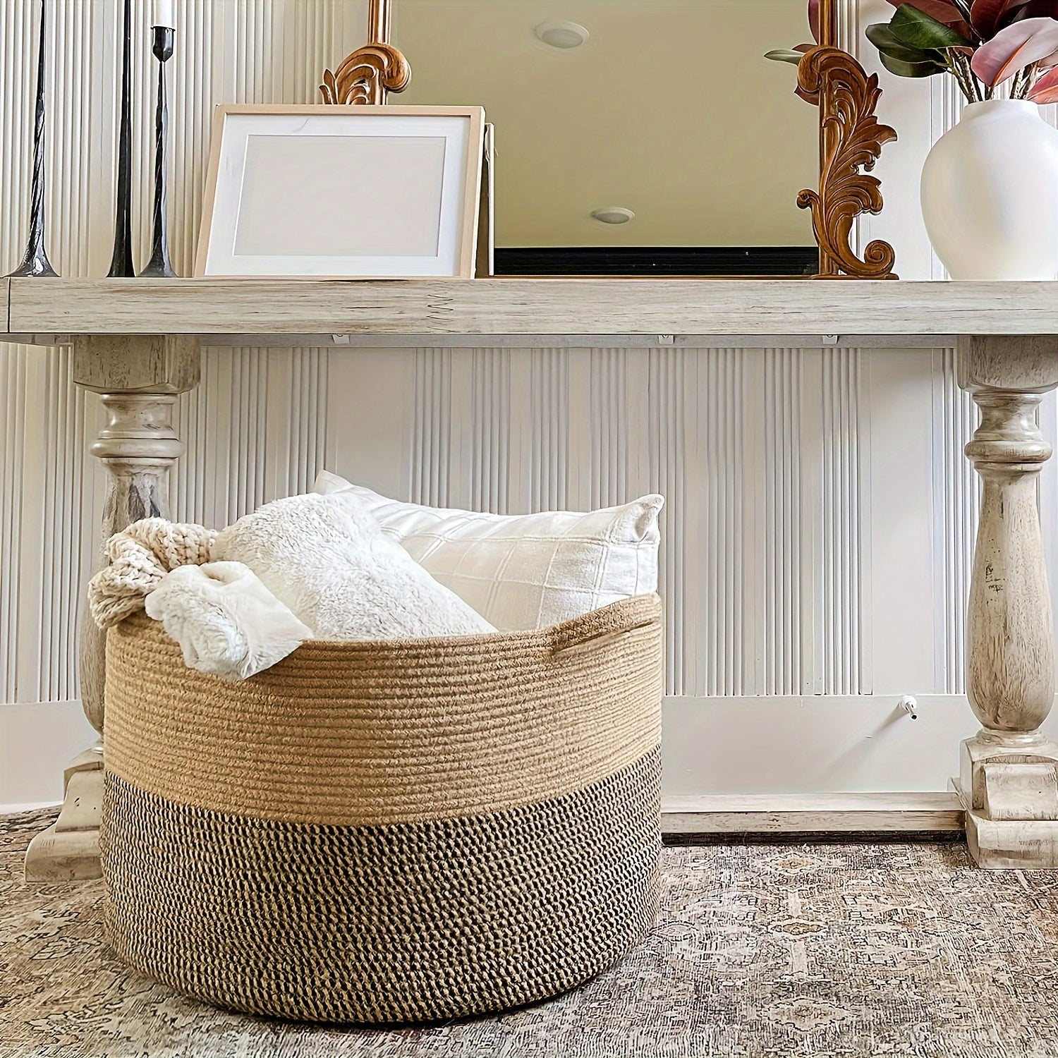 Qora jute to'rilgan saqlash savati, tutqichlar bilan, 90L, kir yuvish, o'yinchoqlar va tashkilot uchun