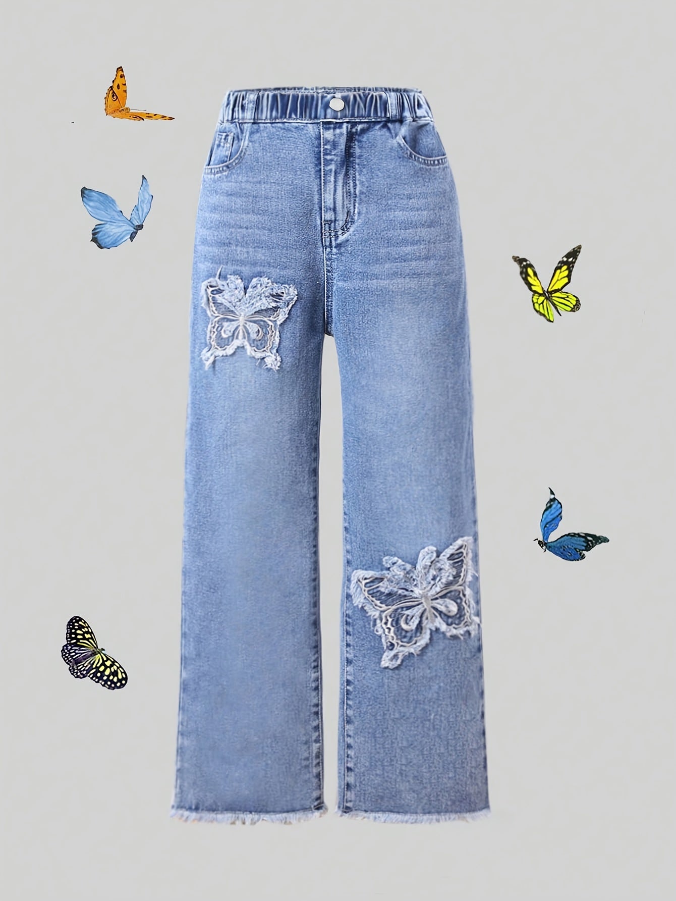 Girls Straight Leg Denim Jeans with Butterfly Embroidery Elastic Waist Casual Streetwear