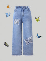 Girls Straight Leg Denim Jeans with Butterfly Embroidery Elastic Waist Casual Streetwear
