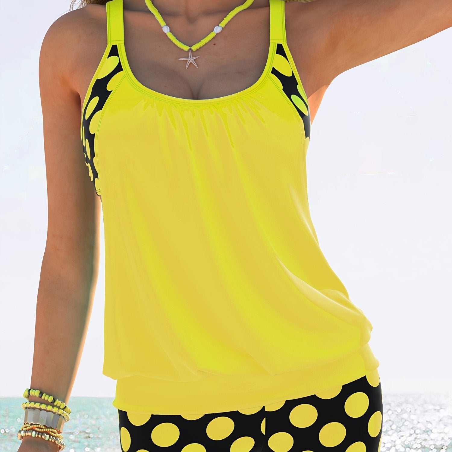 Women's Yellow and Black Polka Dot Tankini Set with Ruching and High-Waisted Shorts
