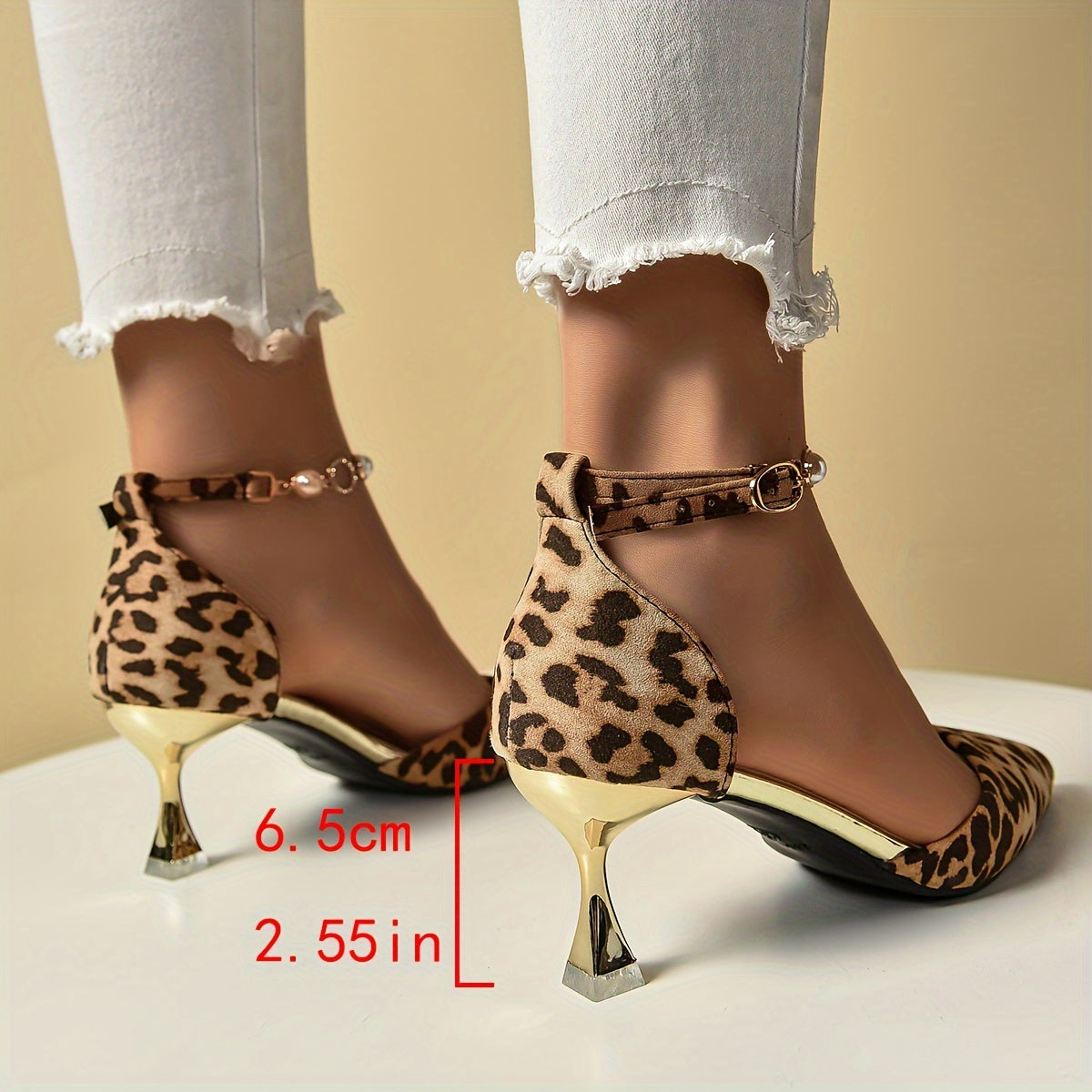 Women's Faux Pearl Strap High Heels with Leopard Print Pointed Toe Dress Shoes