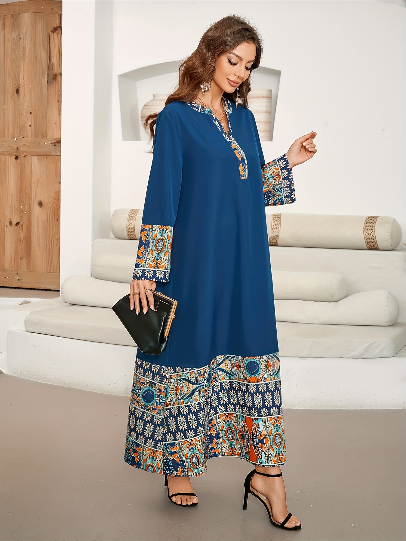 Women's Ethnic Print Color Block Kaftan Maxi Dress with Notched Neck and Long Sleeves