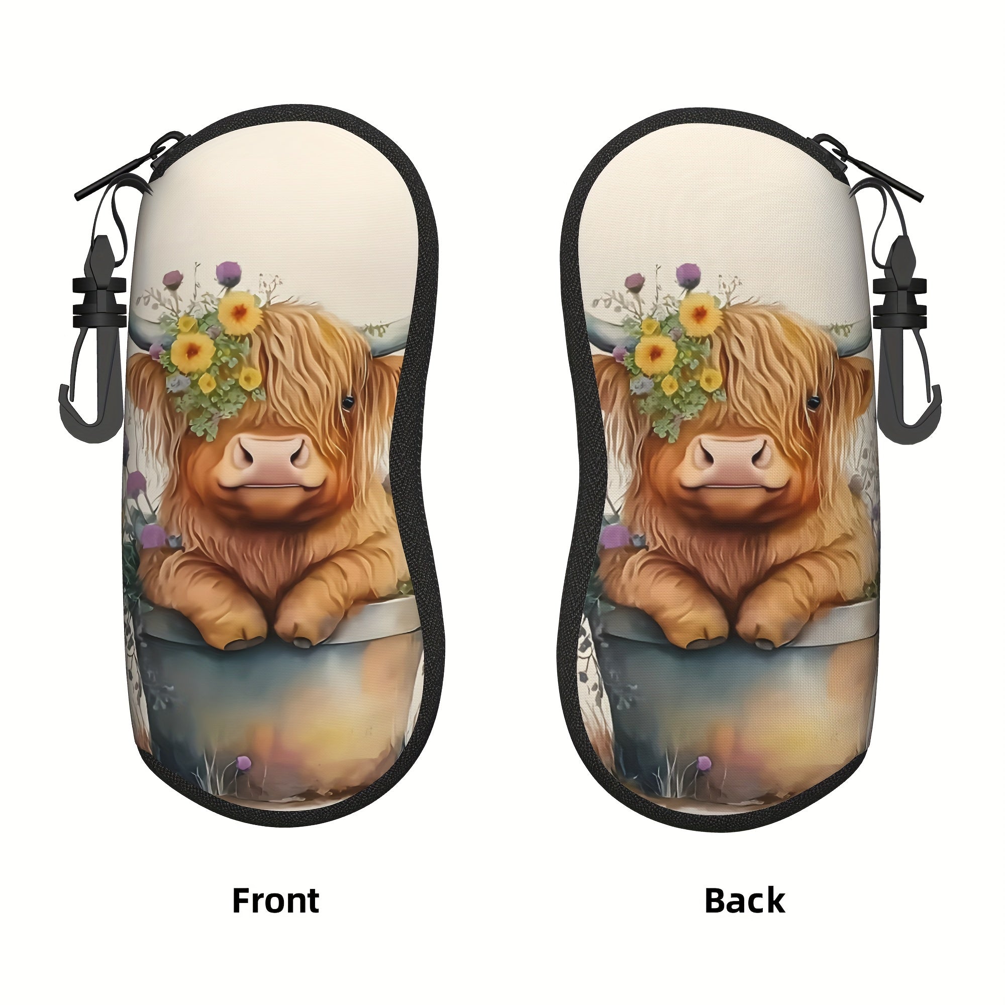 Highland Cow Print Glasses Case Neoprene Eyewear Pouch with Zipper and Belt Clip for Women