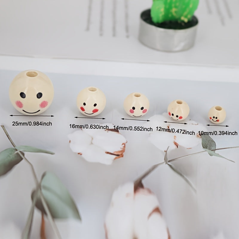 Round Wooden Beads with Happy Face Pattern for DIY Jewelry and Crafts 10mm 12mm 14mm 16mm 25mm Pack of 20 50 or 100