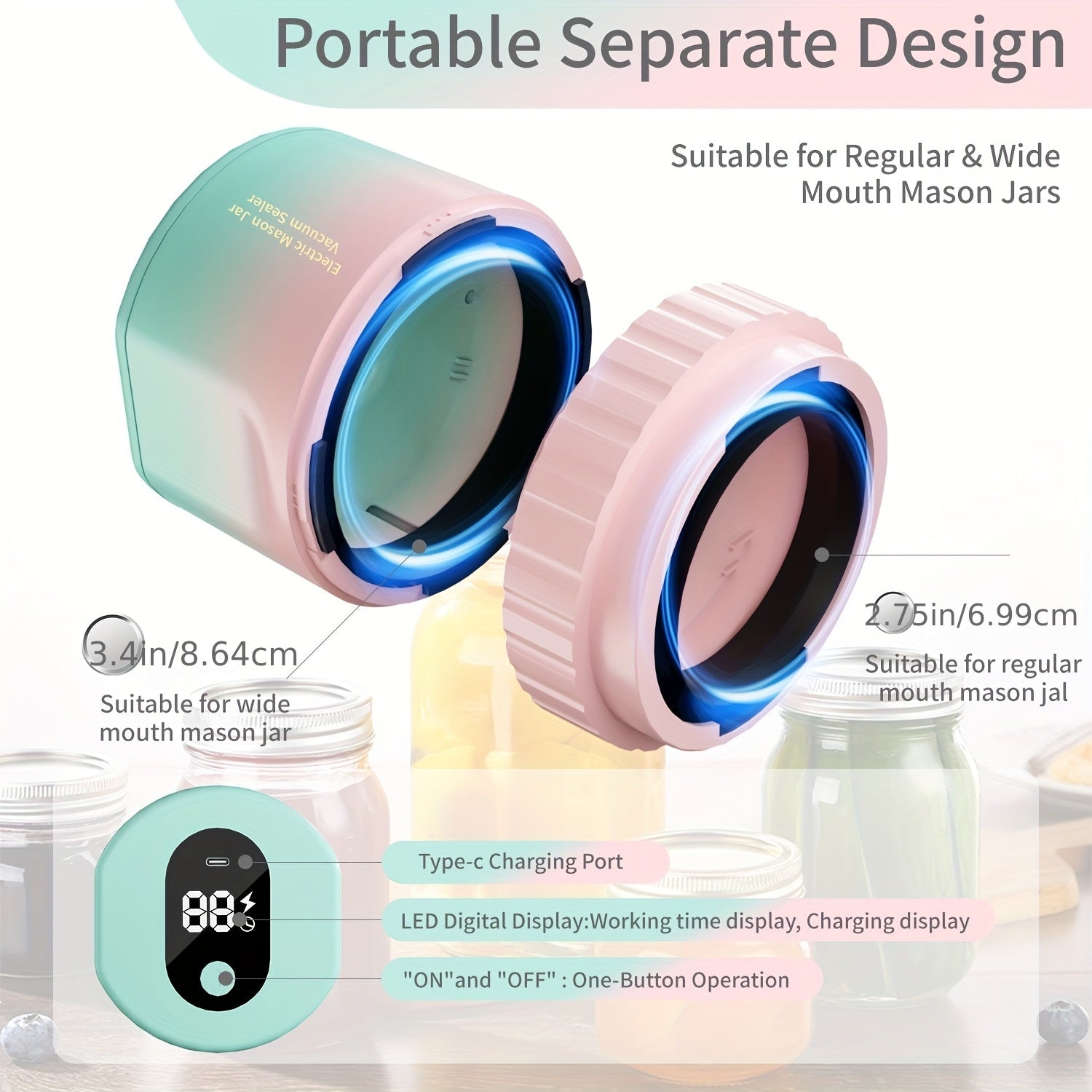 USB orqali qayta zaryadlanadigan batareyaga ega Elektrik Mason Jar Vacuum Sealer Kiti.