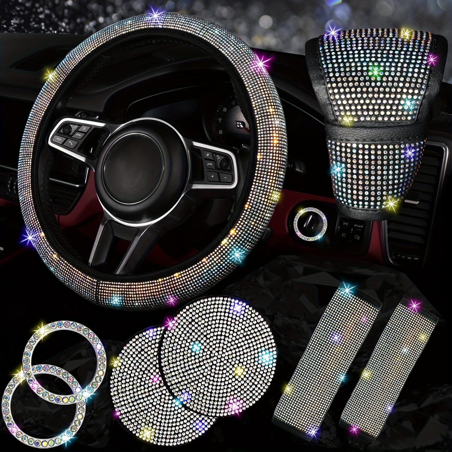 Juego de accesorios de bling para coche para mujer incluye funda para volante, posavasos y protectores de cinturón de seguridad