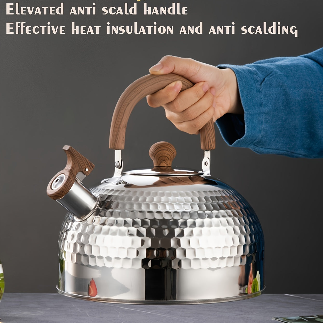 Stainless Steel Hammered Kettle with Whistling Spout for Outdoor Use