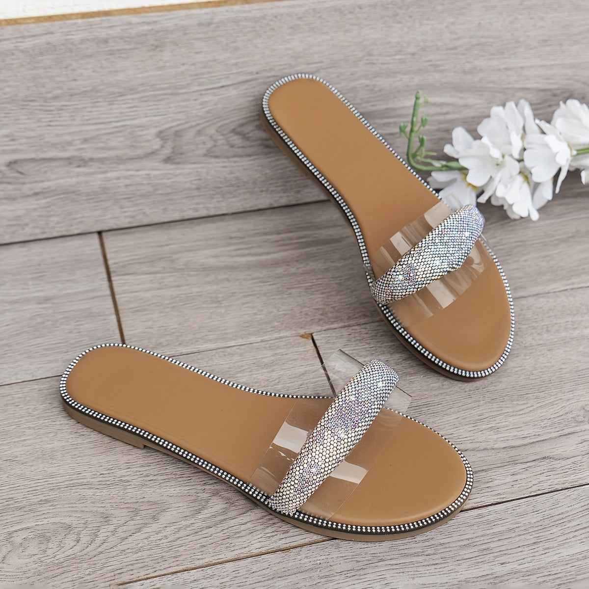 Women Flat Sandals Summer Rhinestones Open Toe Comfortable Slip-On