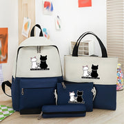 Blue Cartoon Cat Print Backpack Set with Tote Pencil Case and Wallet for School and Travel