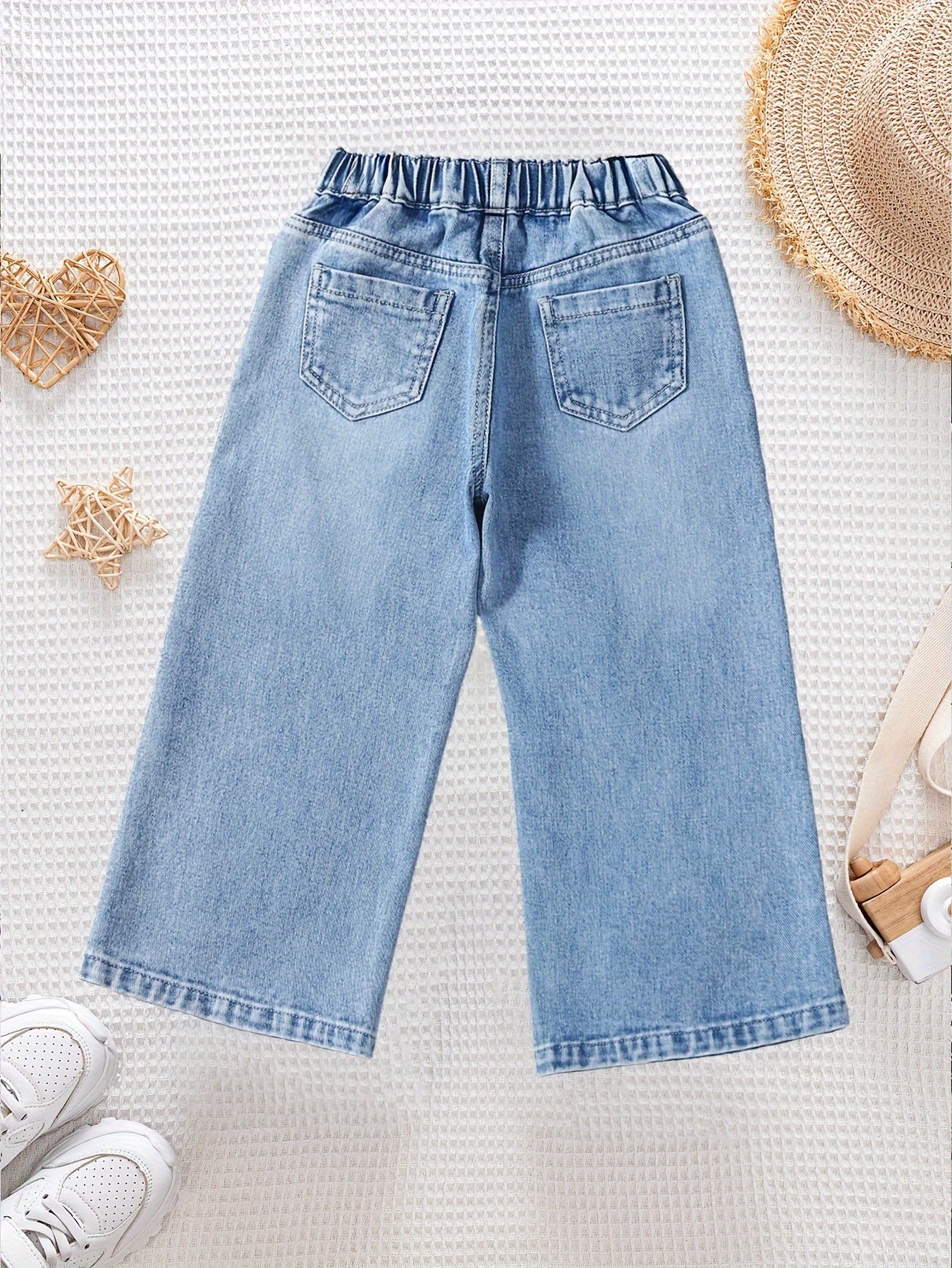 Девочки Детские джинсы с сердечным патчем, прямые, с эластичным поясом и растяжимым денимом