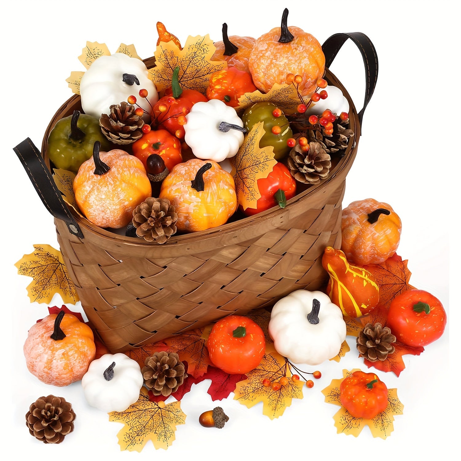 Set de decoración de otoño de 48 piezas con calabazas artificiales, calabazas, bellotas, hojas de arce, piñas para Acción de Gracias, Halloween, bodas