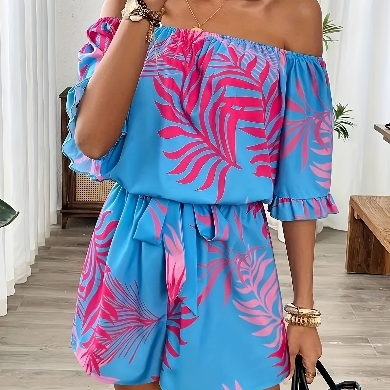 Plus Size Women's Tropical Floral Off Shoulder Jumpsuit Summer Vacation Beachwear