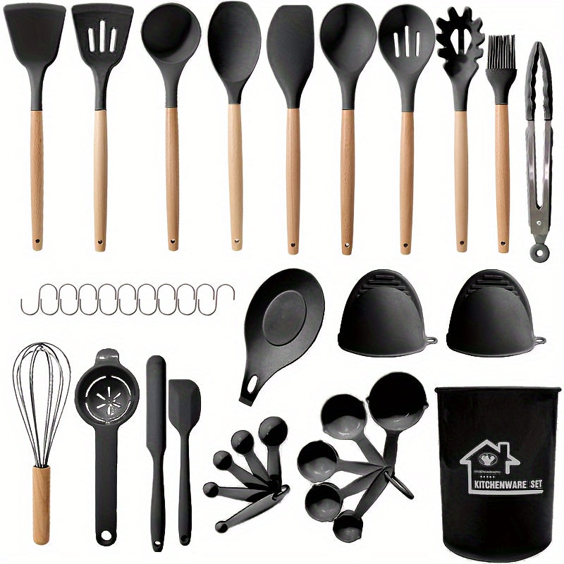38-Piece Silicone Utensil Set with Wooden Handles Non-Stick Kitchen Gadgets
