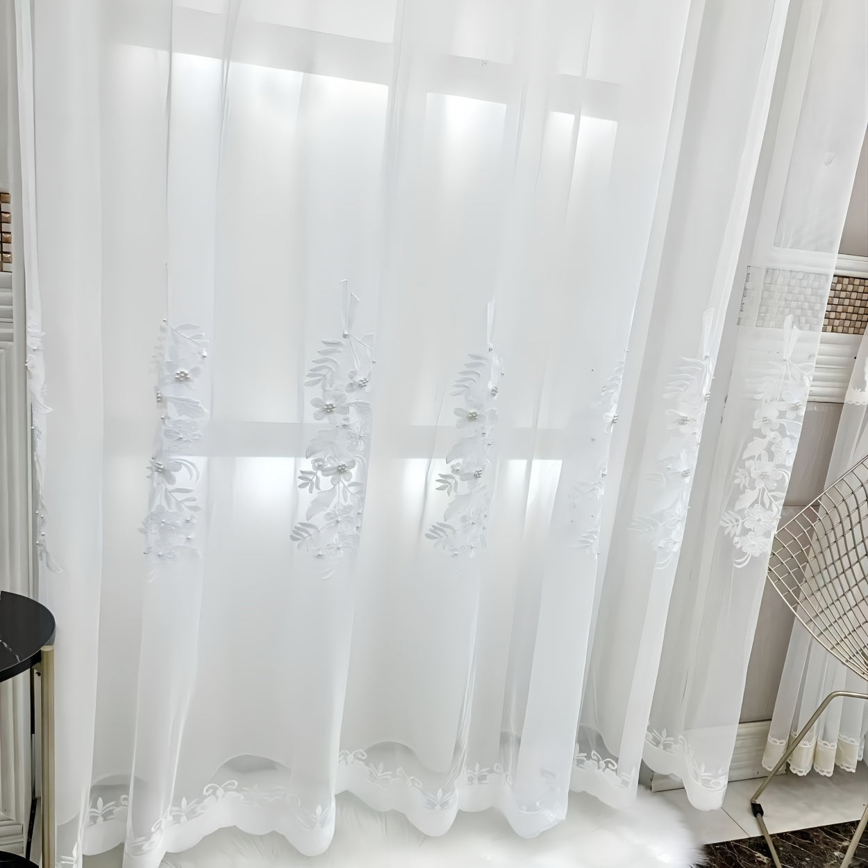 White Embroidery Yarn Curtain with Flowers and Faux Pearl Beads for Home Decor