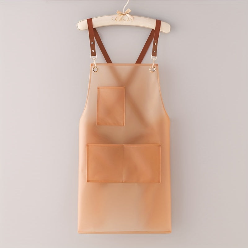Waterproof Transparent TPU Apron with Brown Straps Stain-Resistant Adjustable Kitchen Tool Pockets