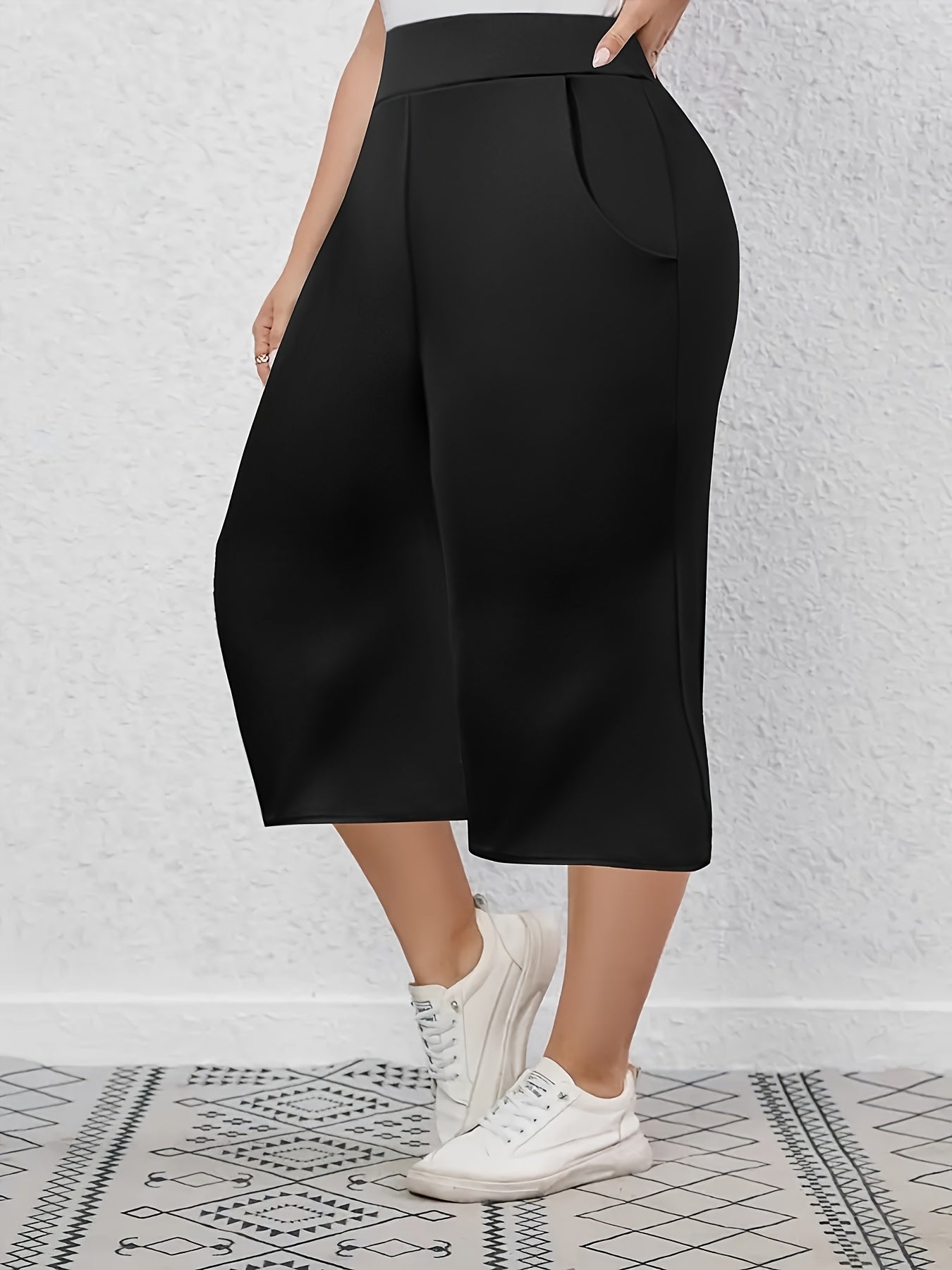 Plus Size Stretchy Black 3/4 Sleeve Straight Leg Pants Casual Wear