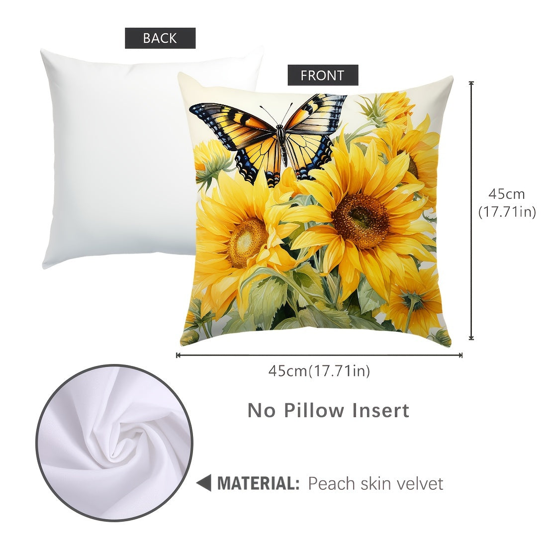 Sunflower Butterfly Design Throw Pillow Cover 45x45cm Peach Skin Velvet Decorative Sofa Bed Bedroom