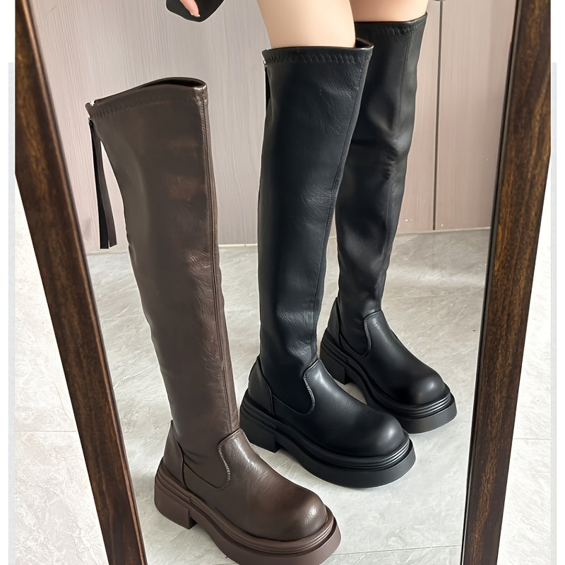 Women's Over-the-Knee Boots Faux Leather Glossy Chunky Heel Black Brown Elegant Winter