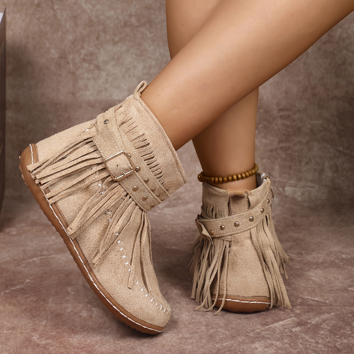 Women’s Western Ankle Boots with Fringe Beige Fabric Flat Heel Slip-On
