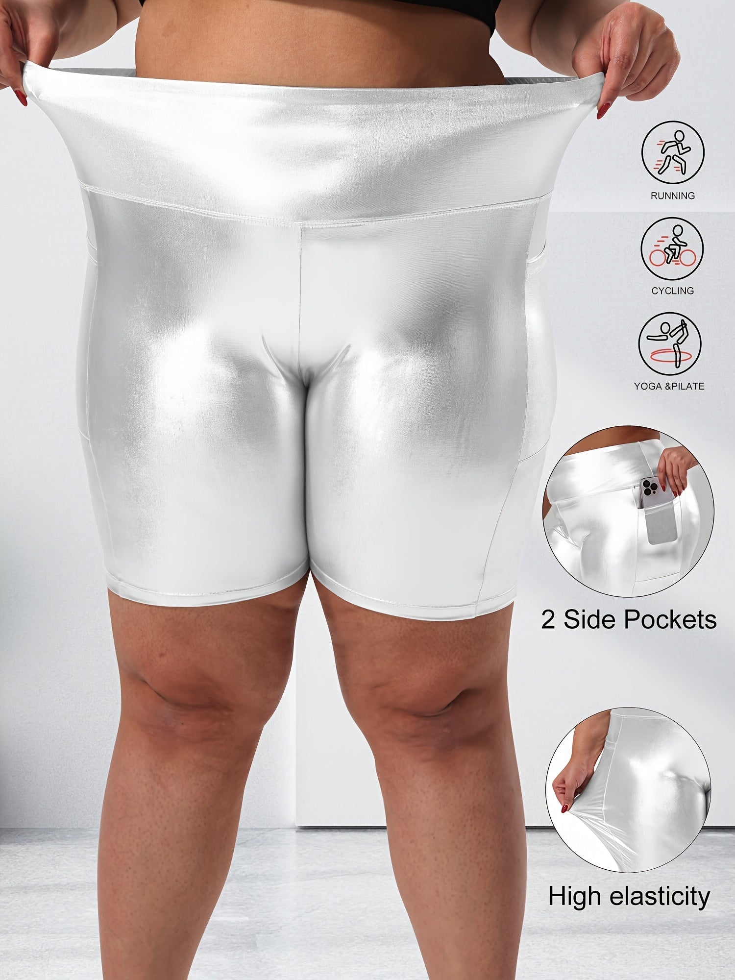 Women Plus Size High-Waist Gold Shorts with Pockets Casual Elastic Spring Summer