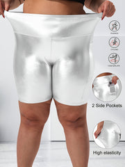 Women Plus Size High-Waist Gold Shorts with Pockets Casual Elastic Spring Summer