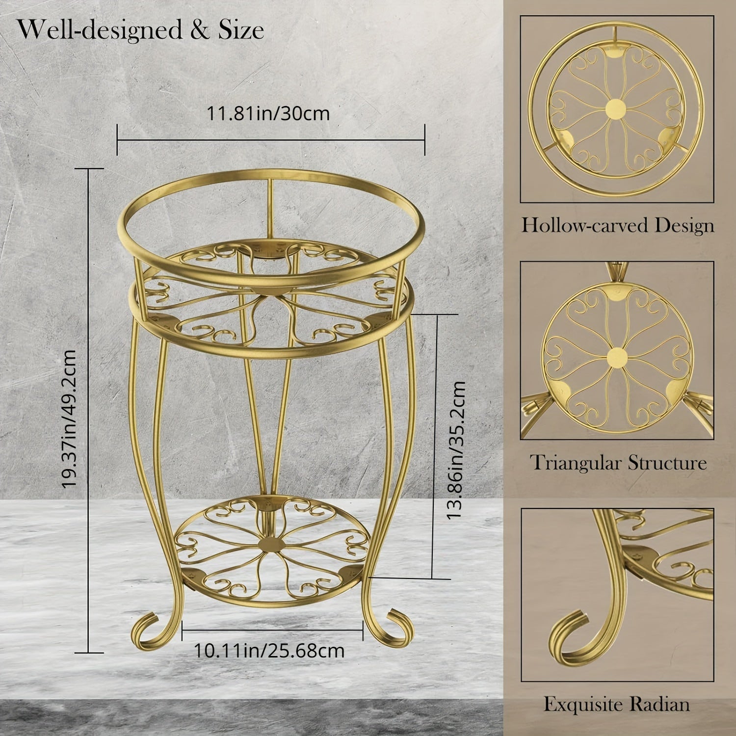 Metal Plant Stand 2-Tier Round Shelves Golden Finish Rustproof Wrought Iron 49.2cm