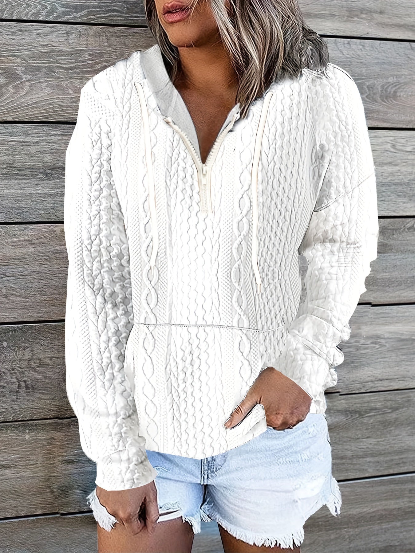 Plus Size Women's Cotton Cable Zipper Hoodie with Pockets