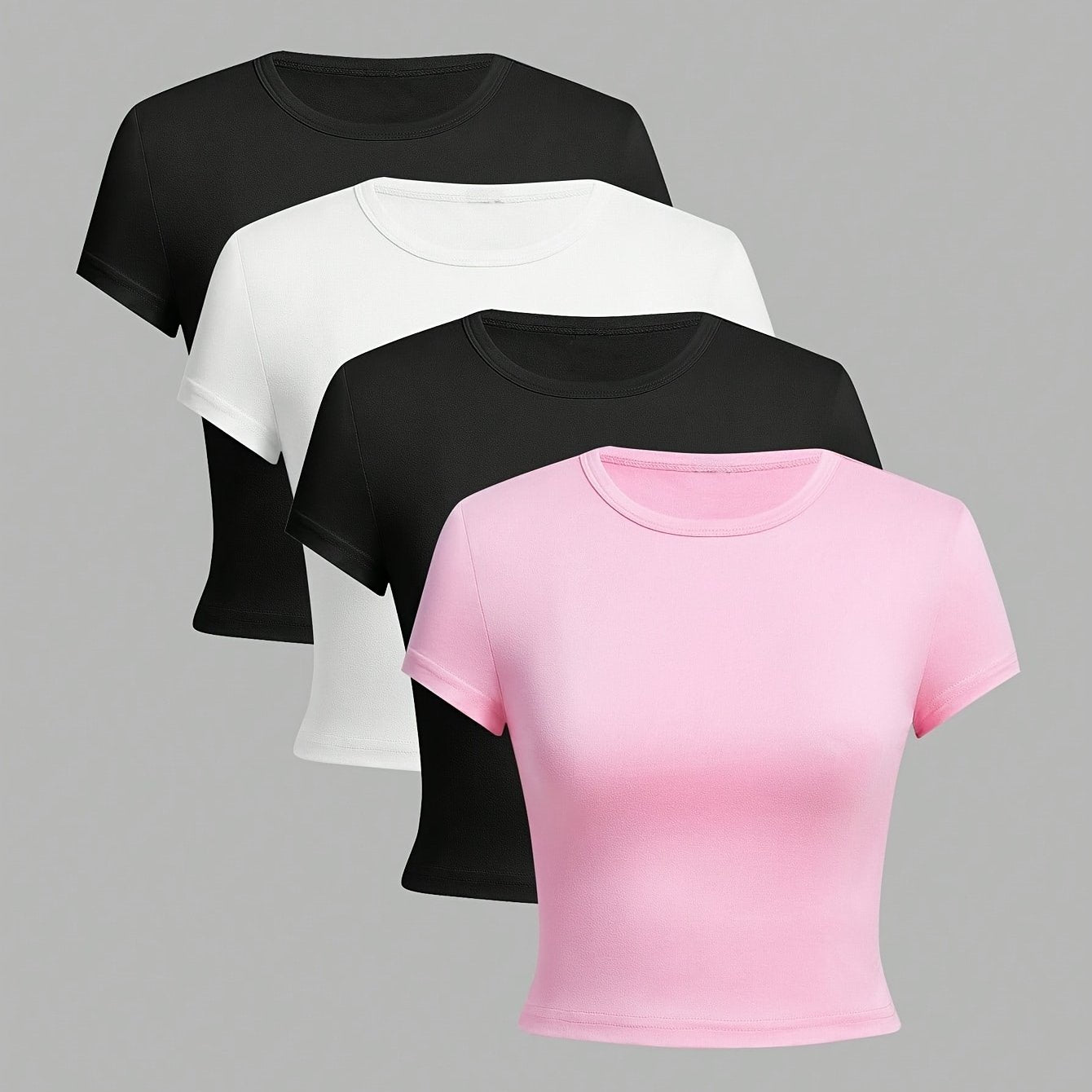 Women's Slim Fit Short Sleeve T-Shirts Pack of 4 Breathable Cotton-Polyester Summer Casual Tops Black Brown Pink White
