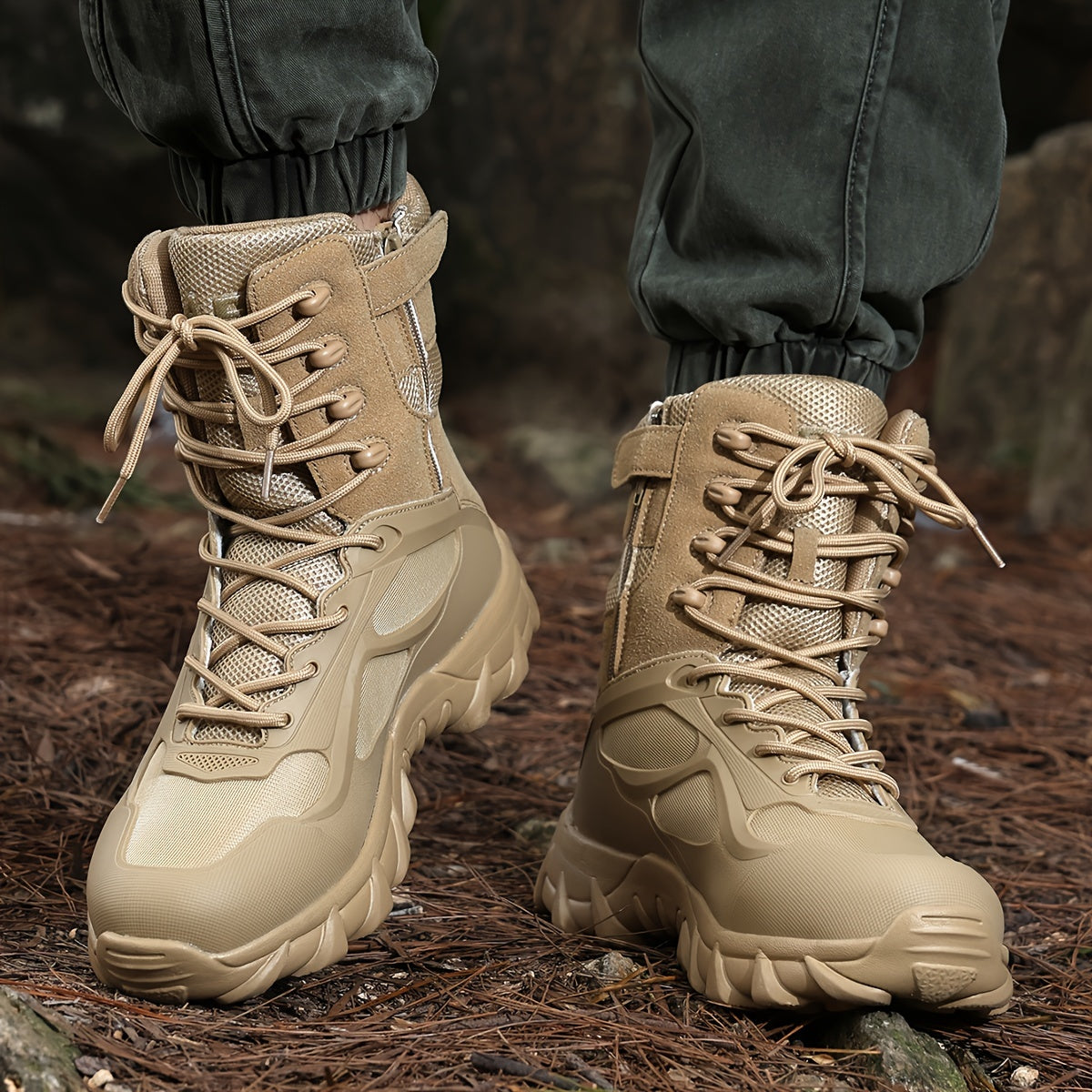 Men's Tactical High-Top Boots Lightweight All-Season Sports Zipper Lace Closure
