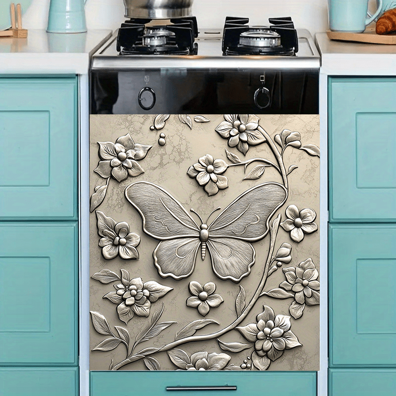 Antique Butterfly Magnetic Dishwasher Cover Waterproof Kitchen Decor 58.5x65 cm