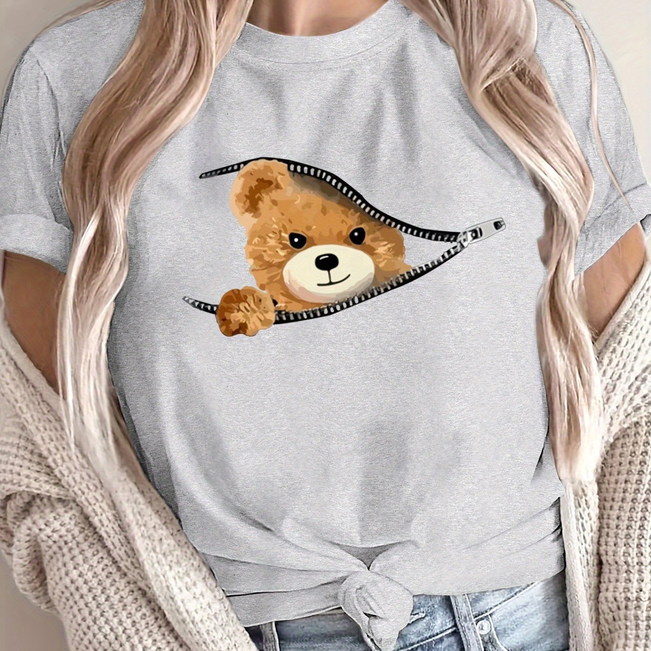 Women's Oversized Graphic T-Shirt Breathable Polyester Teddy Bear Design Loose Fit