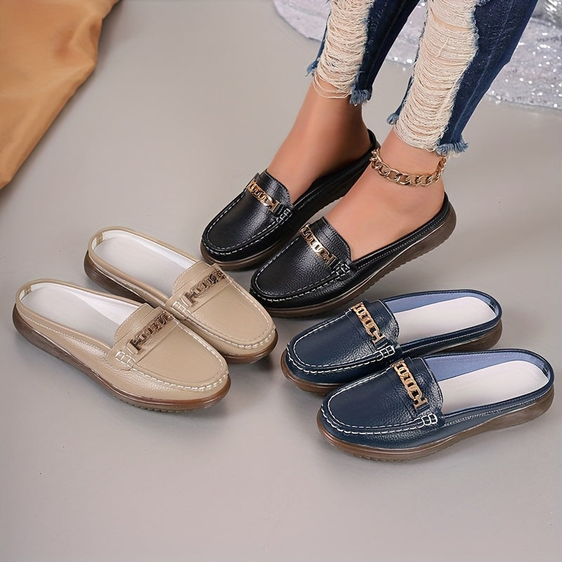 Women’s Fashion Mules Slip-Resistant Flats with Metallic Buckle in Beige Black Blue