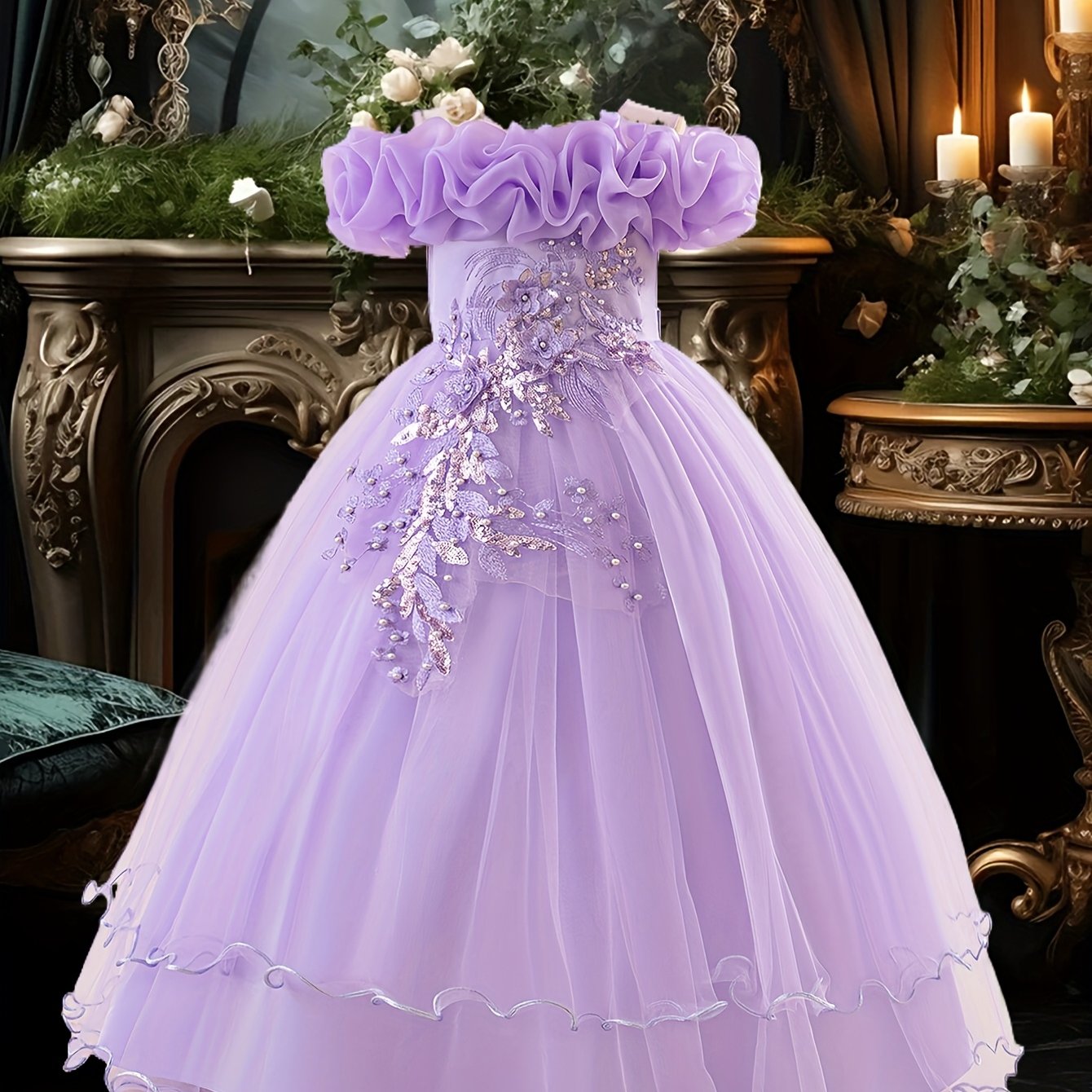 Girls' Long Embroidered Off-Shoulder Princess Dress with Pearl Tassels for Weddings and Parties