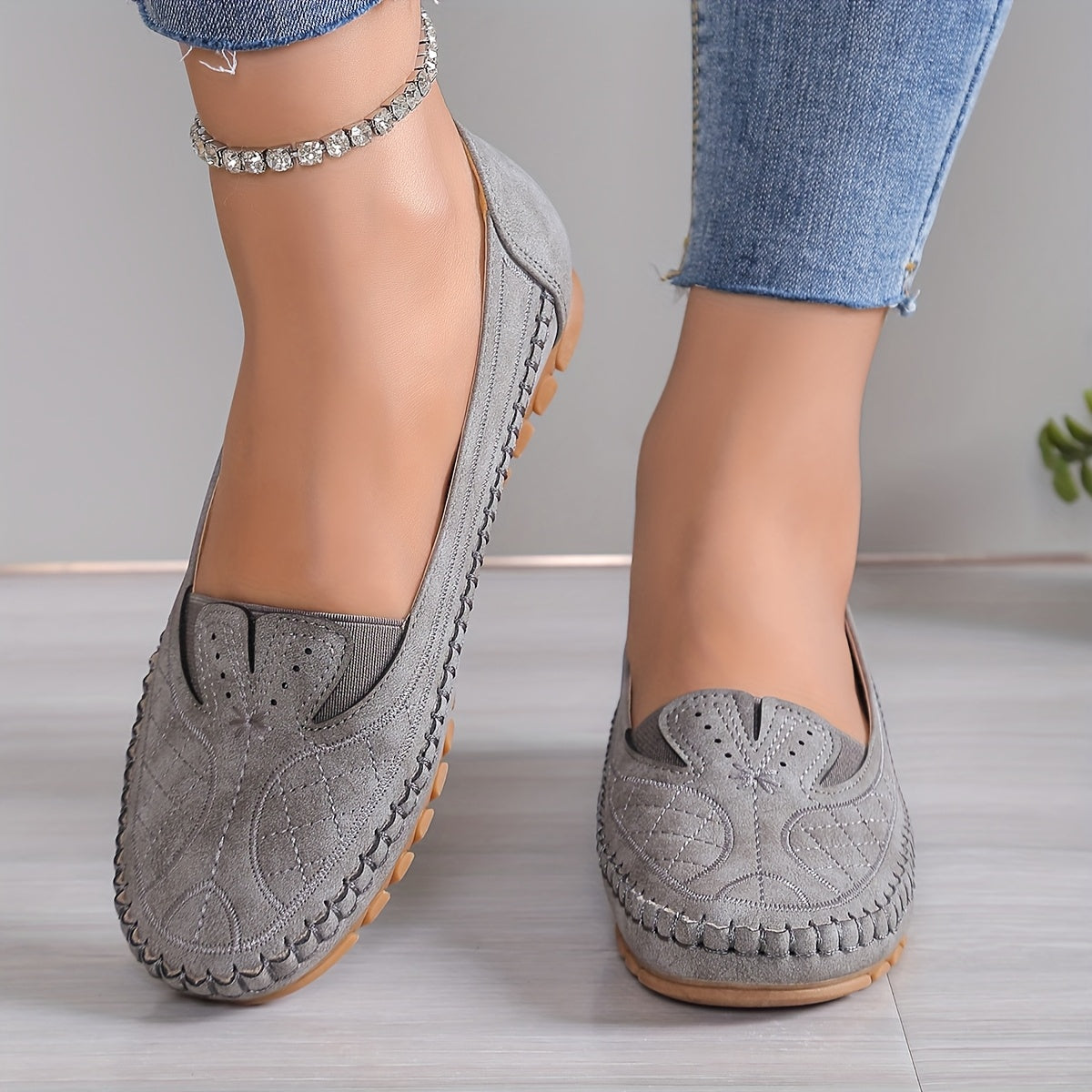 Women's Ballet Flats Faux Cover Slip-On Casual Shoes Cushioned TPR Sole