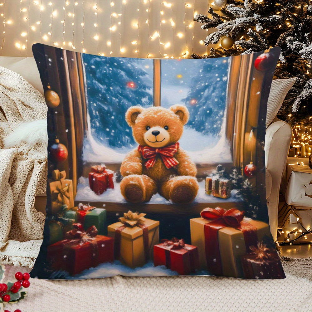 Christmas Teddy Bear Pillow Cover 45.72x45.72 cm Soft Knit Fabric Decorative Cushion Case