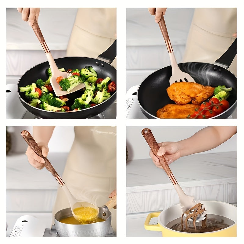 Silicone Kitchen Utensils Set Non-Stick Cookware Tools with Wooden Handles