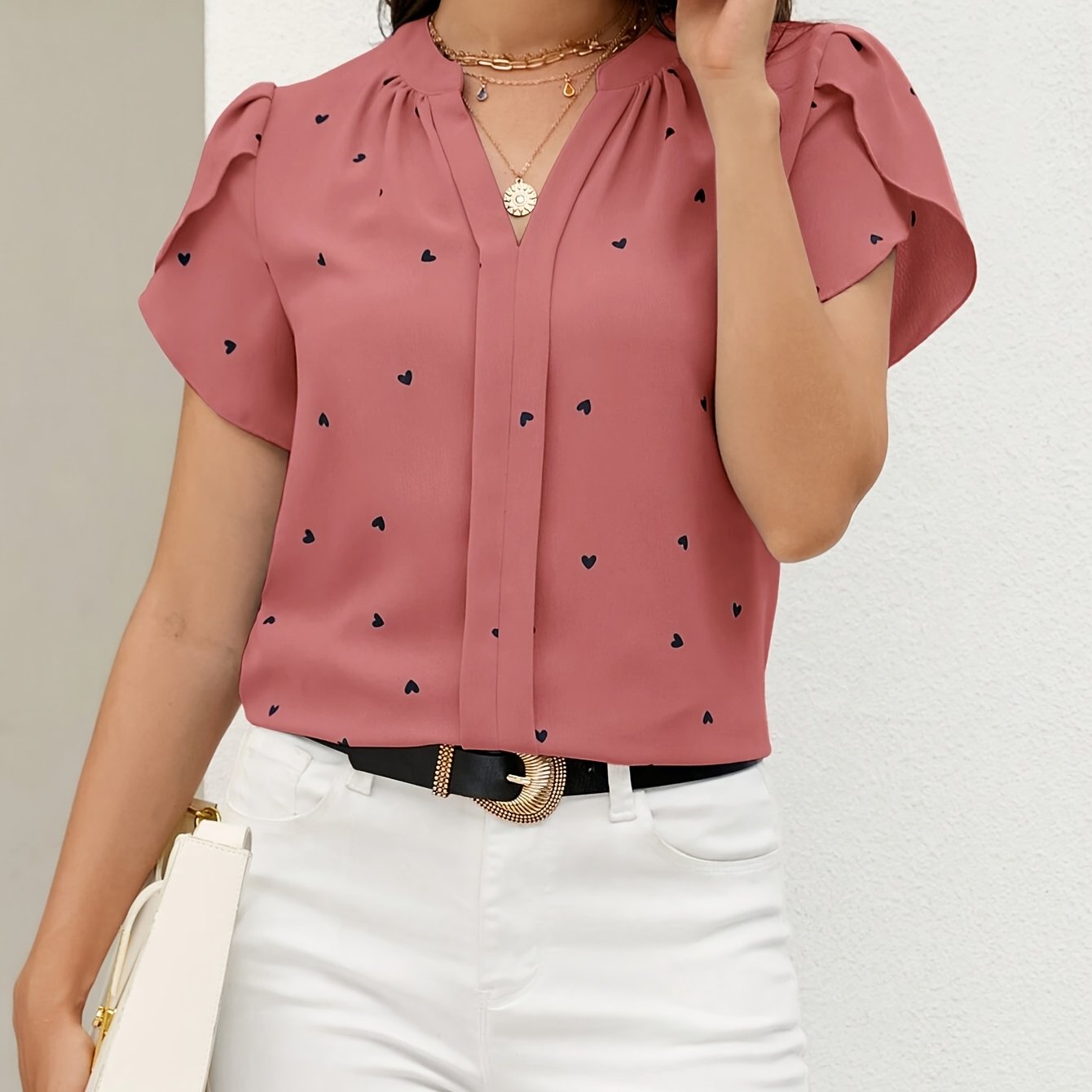 Women's Plus Size Light Blue Heart Print V-Neck Blouse Casual Summer Top