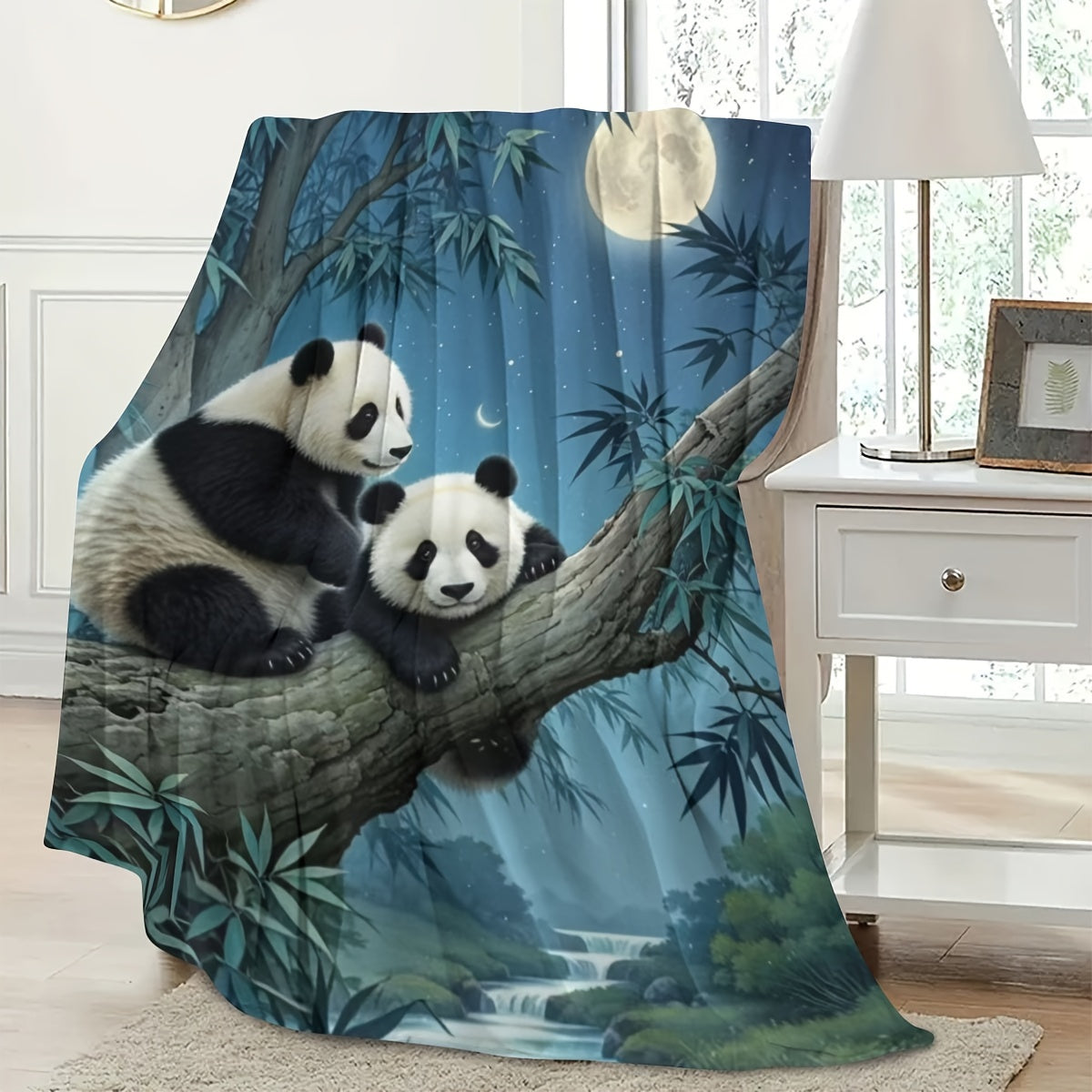 All-Season Flannel Throw Blanket with Panda Moonlight Scene Soft Cozy Polyester Gift for Bed Sofa Living Room