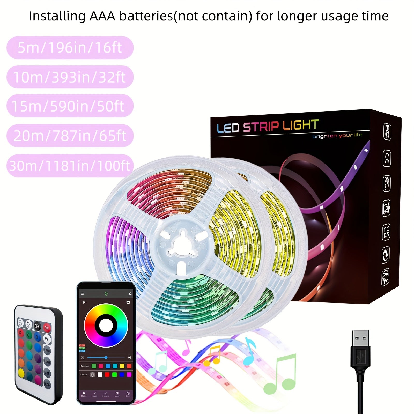 Luces de tira LED RGB regulables con USB, sincronización con música, temporizador, para dormitorio y sala de juegos, decoración