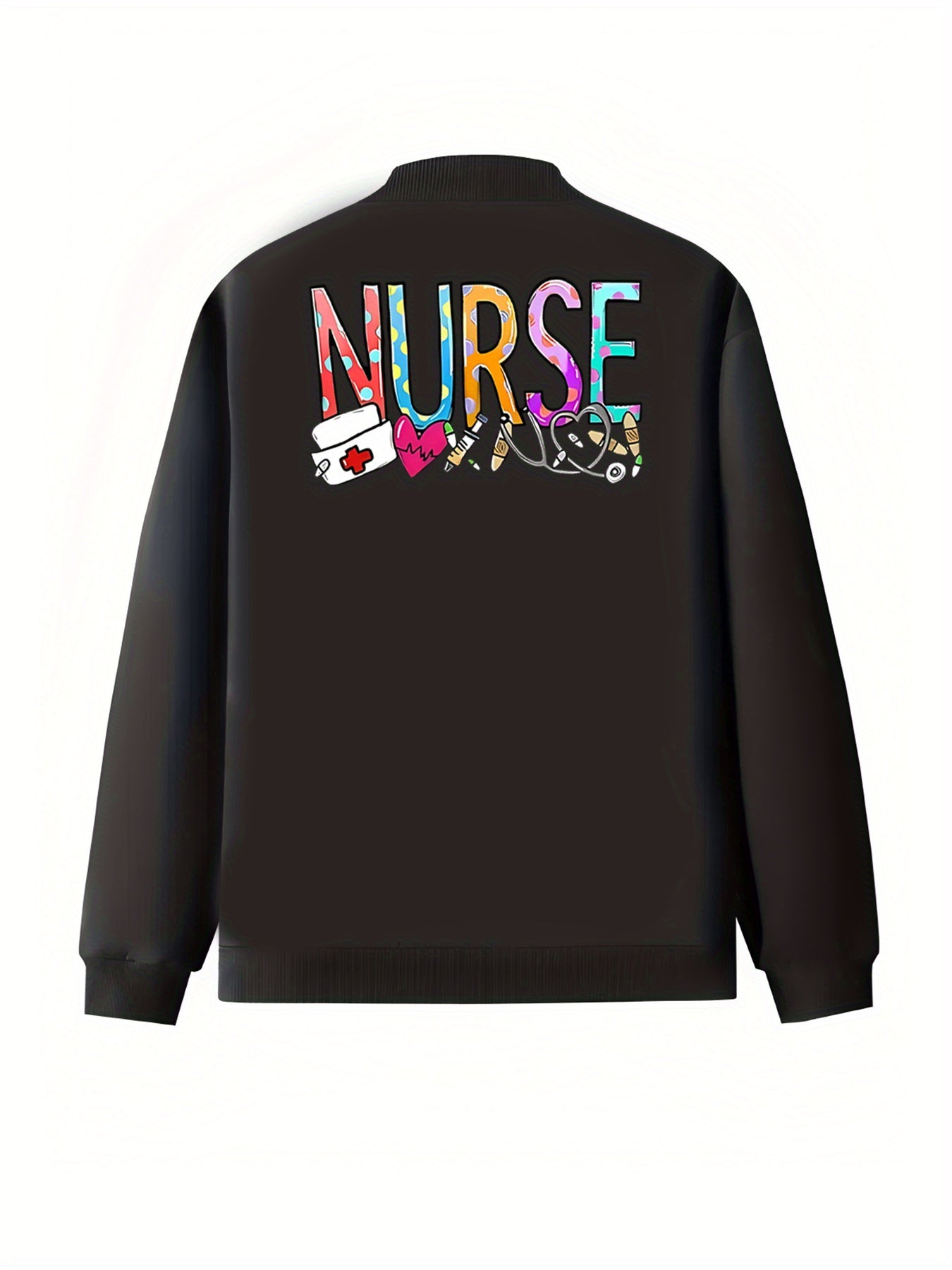 Plus Size Women's Bomber Jacket Black Nurse Themed Zip-Up Casual Outerwear