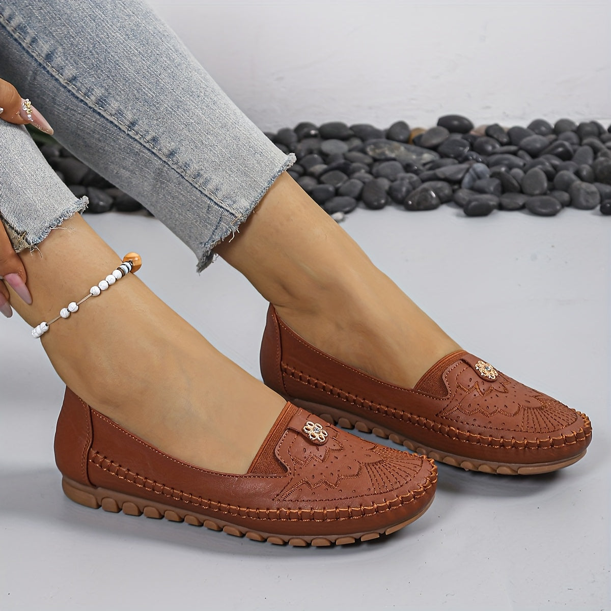 Women's White Embroidered Slip-On Loafers with Gold Accents