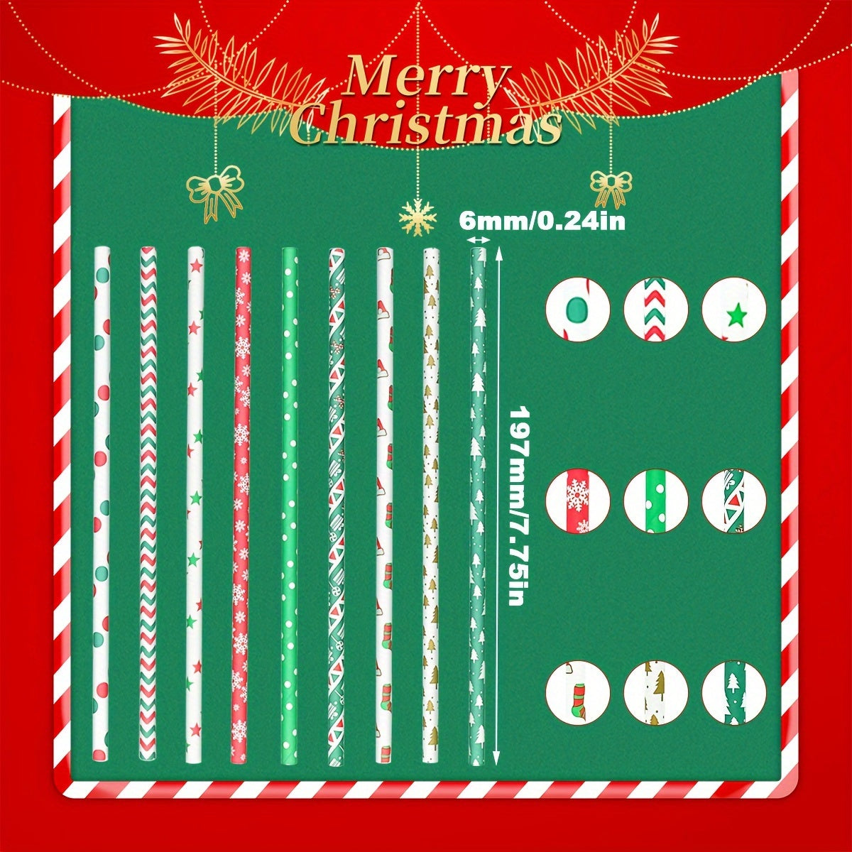 Set of 25 Christmas Holiday Pattern Disposable Paper Straws for Parties and Celebrations
