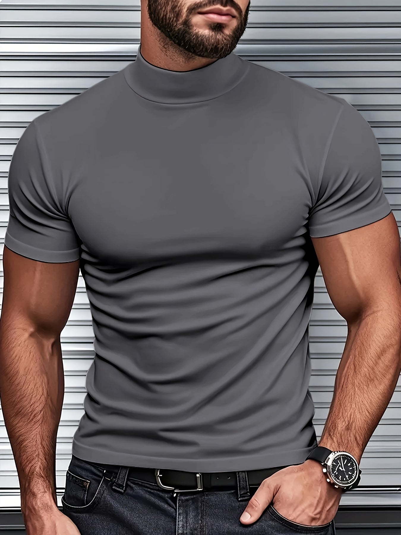 Men's Slim Fit Short Sleeve T-Shirt with Stand Collar Breathable Polyester Spandex for Gym and Outdoor Activities