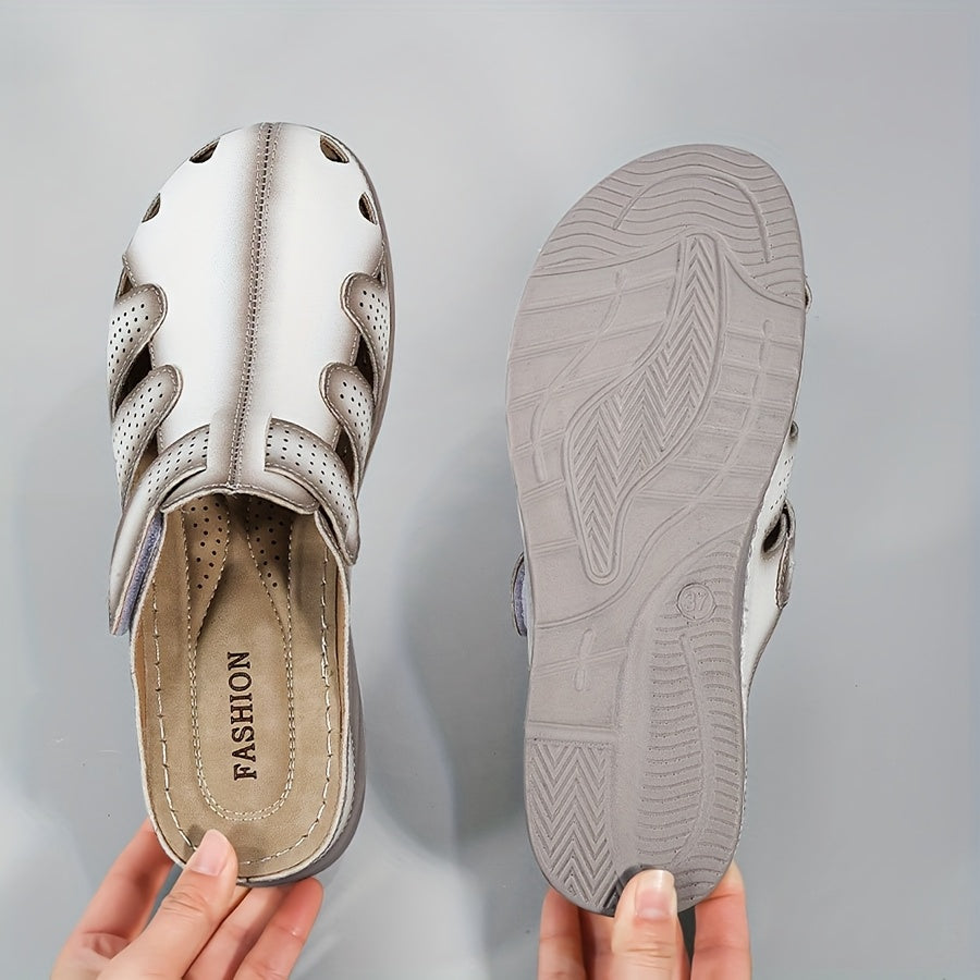Women's Leather Wedge Sandals Hollow-Out Slip-On Casual Shoes