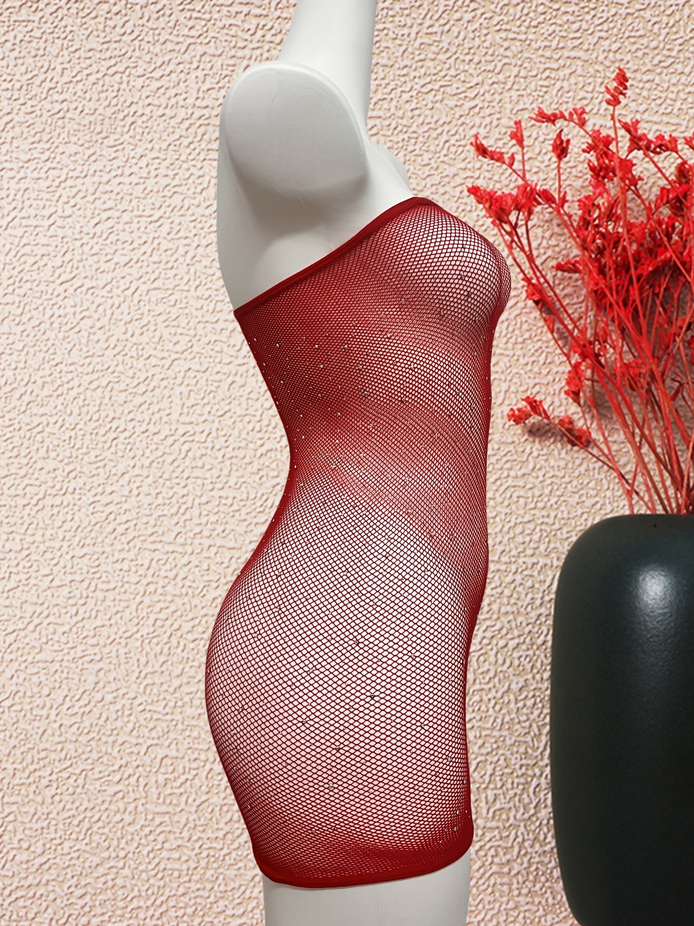 Women's Red Fishnet Bodysuit with Rhinestone Detailing