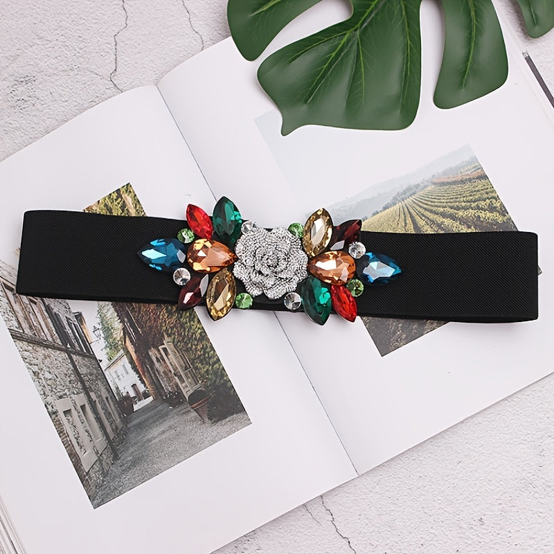 Wide Elastic Belt with Flowers and Beads for Women's Dresses and Decoration