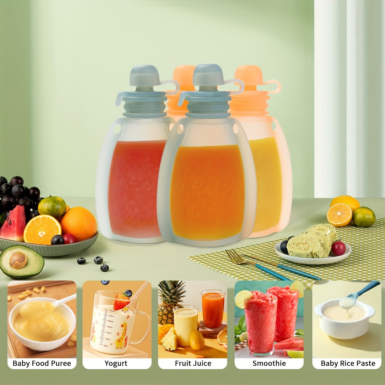 Bolsa de silicona reutilizable con cuchara de alimentación recargable, apta para congelar y almacenar