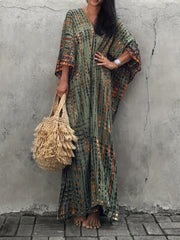 Ayollar uchun kattaroq o'lchamdagi chiziqli turk kaftan kiyi V-shakllı bo'yinli batwing qo'lqopli yengli yengil yozgi kiyinadigan qoplama